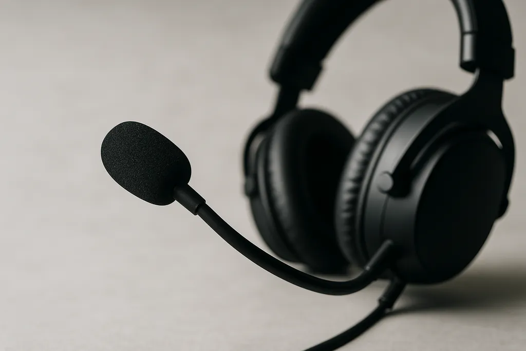 Editorial photograph of a gaming headset's boom microphone shown up close