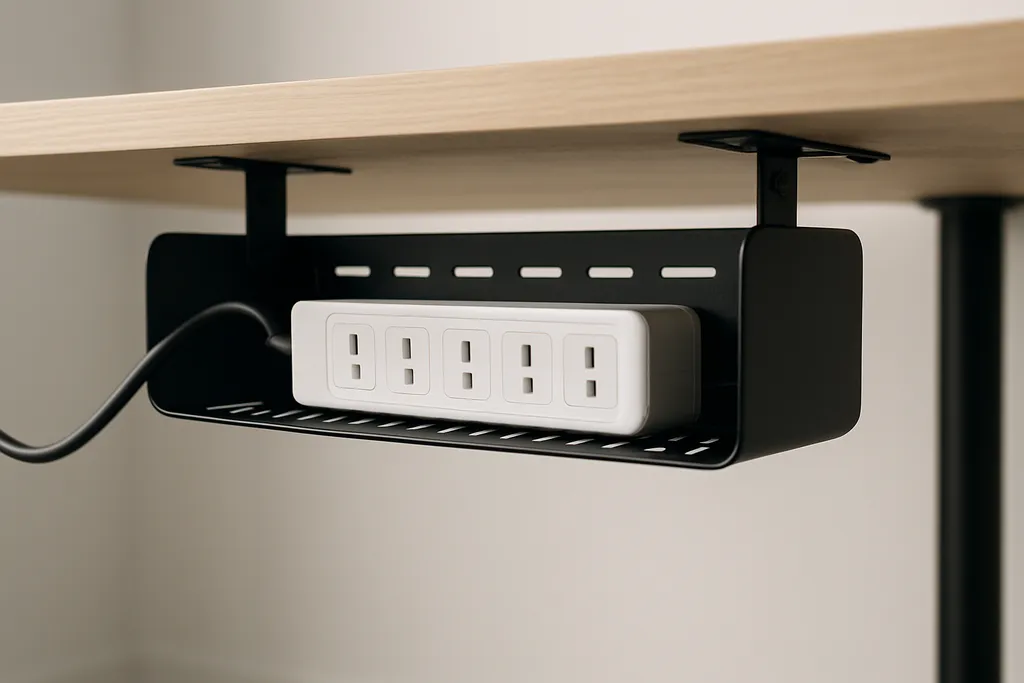 Editorial photograph of a cable management tray mounted under a desk holding a power strip
