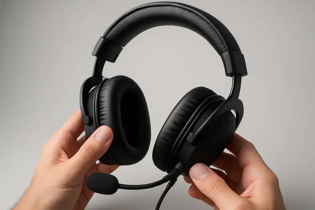 Close-up editorial photograph of a detail related to gaming headset for phone calls