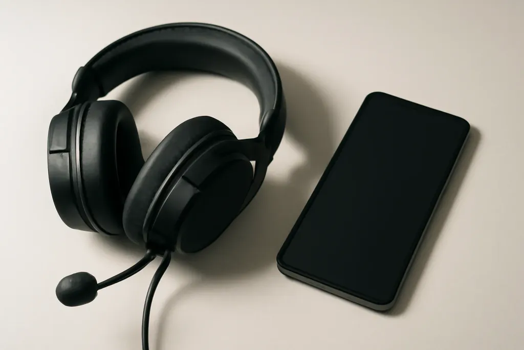 A gaming headset resting beside a modern smartphone, illustrating phone call compatibility