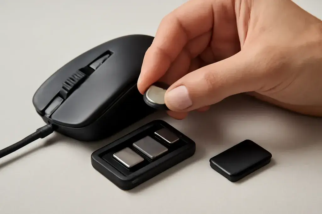 Close-up editorial photograph of a detail related to mouse weight and aim