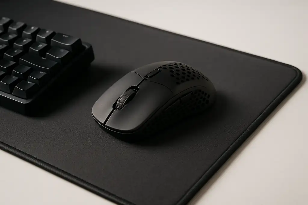 Editorial photograph of a compact gaming mouse on a desk mat next to a keyboard