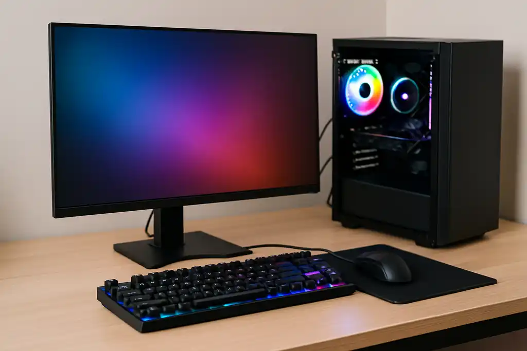 Editorial photograph of a gaming PC setup with a monitor and keyboard on a desk