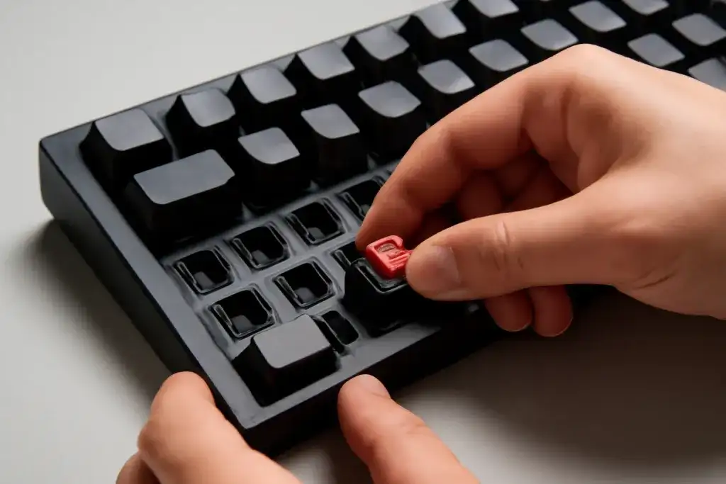 Close-up editorial photograph of a detail related to hot-swappable gaming keyboards comparison