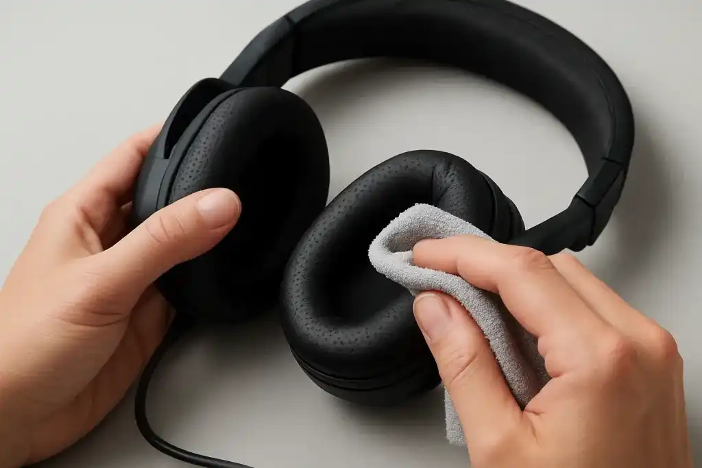 Close-up editorial photograph of a detail related to clean gaming headset ear cushions