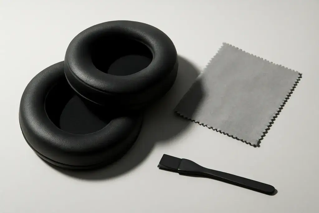 Close-up of removable gaming headset ear cushions beside a microfiber cleaning cloth