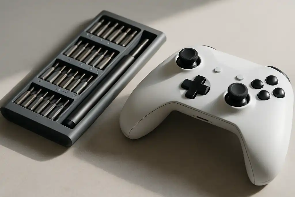 Editorial photograph of a small precision screwdriver set placed next to a game controller