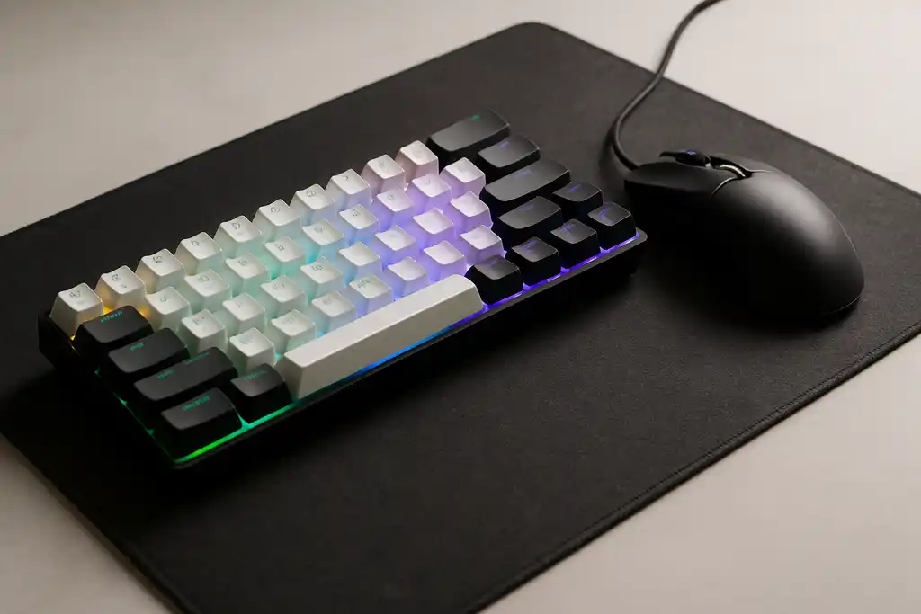 Editorial photograph of a compact mechanical keyboard next to a mouse on a desk mat