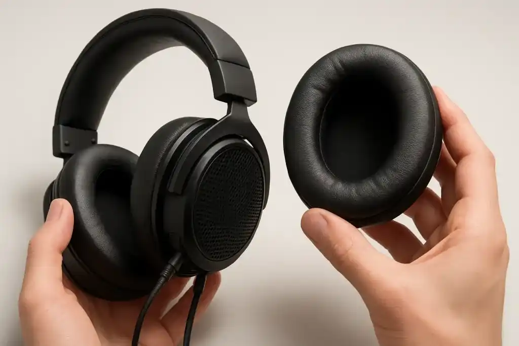 Close-up editorial photograph of a detail related to open back vs closed back headset