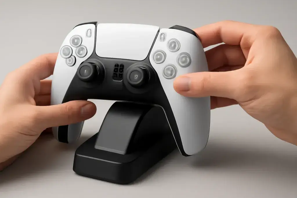 Close-up editorial photograph of a detail related to PS5 controller charging dock recommendations