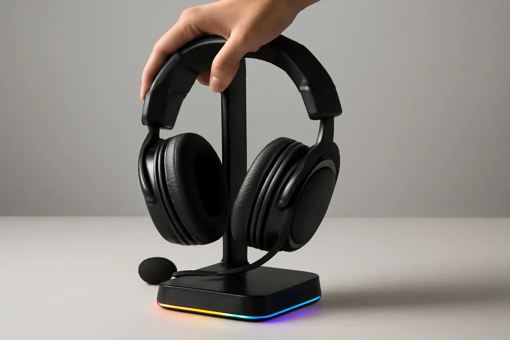 Close-up editorial photograph of a detail related to RGB headset stands with USB hub