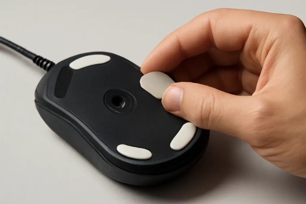 Close-up editorial photograph of a detail related to gaming mouse feet material