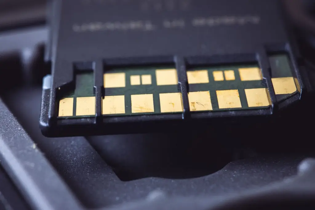 Close-up of the gold contact pins on a memory card